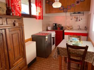 布里昂松Studio sympa avec terrasse , maxi 4 pers.Briançon的带桌子和冰箱的小厨房