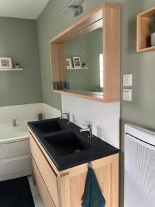 a bathroom with a black sink and a mirror at Le Clos des Glycines in Saint-Martin-lez-Tatinghem +30 photos