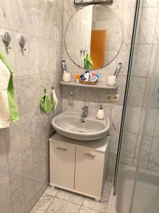 ein Bad mit einem Waschbecken und einer Dusche mit einem Spiegel in der Unterkunft Ferienwohnung Sonnenschein in Sachrang