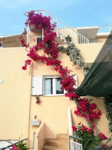 a building with pink flowers on the side of it at Trizinia view balcony in Galatas
