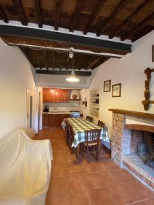 a kitchen and dining room with a table and a fireplace at Casa marciana alta in Marciana