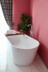 una vasca bianca in un bagno rosa con una pianta di 100 Boutique Living a Rabat