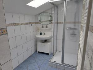 een badkamer met een douche, een wastafel en een spiegel bij MINGERS Huus in Neuharlingersiel