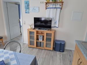 een woonkamer met een tv op een houten standaard bij MINGERS Huus in Neuharlingersiel