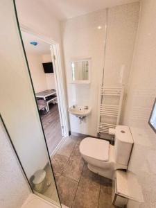 biała łazienka z toaletą i umywalką w obiekcie Rabbits Warren, 2 Single Bed Holiday Let in The Forest of Dean w mieście Blakeney