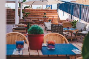 a table with chairs and a potted plant on a patio at Hotel Don Ignacio in San José