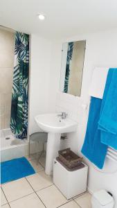 a white bathroom with a sink and a mirror at Proche de la plage, très bien situé in Ondres +4 photos