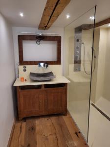 a bathroom with a sink and a shower at FEWO Peter und Britta 