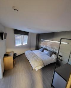 a bedroom with a large bed and a mirror at HOSTAL HABITAT MUXIA II in Muxia
