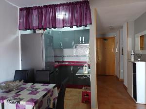 アルムニェーカルにあるApartamento Sirenaのキッチン(緑のキャビネット、紫のカーテン付きのテーブル付)