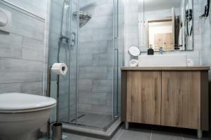 a bathroom with a shower and a toilet and a sink at Rengő Panzió in Taksony +38 photos