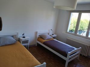 um quarto com 2 camas e uma janela em la coccinelle em Conflans-Sainte-Honorine