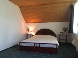 a bedroom with a bed with a wooden ceiling at Balatoni Family House in Balatonszőlős