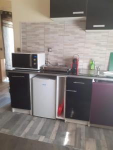 a kitchen with a microwave and a stove top oven at Studio 2 ou 3 places in Verdun-sur-le-Doubs