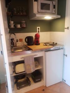 a kitchen with a white refrigerator and a microwave at Studio Léonie, le cottage de l'étang in Le Tablier