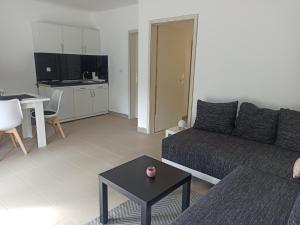 ein Wohnzimmer mit einem Sofa und einem Tisch in der Unterkunft Apartmani Drinski biseri Vrhpolje in Vrhpolje