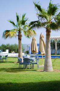 un grupo de mesas y sillas con sombrillas y palmeras en Maison des Oliviers, Yasmine Hammamet, Bouficha en Hammamet Sud