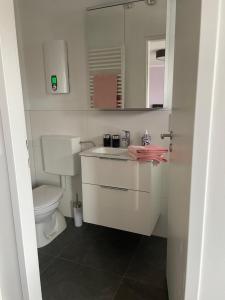 a small bathroom with a toilet and a sink at Altstadtperle Nideggen in Nideggen