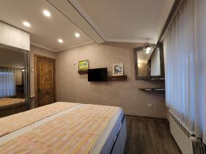 1 dormitorio con 1 cama y TV en la pared en Archie's Apartment in Old Town, en Batumi