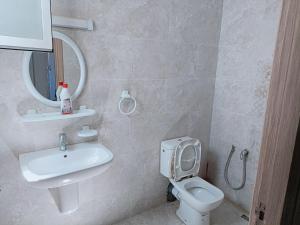 a bathroom with a sink and a toilet and a mirror at Super corner in Ḩammām al Ghazzāz +6 photos