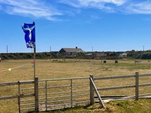 a blue flag in a field next to a fence at Gwens Garden bell tent in St. Just