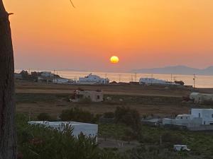 a sunset over a field with the sun in the sky at Siskosplace in Oia