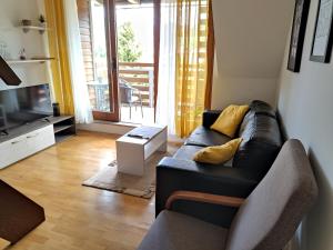 un soggiorno con divano e TV di Apartman Ana a Mrkopalj