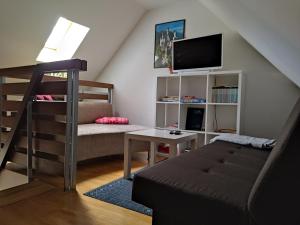 uma sala de estar com um beliche e um sofá em Apartman Ana em Mrkopalj