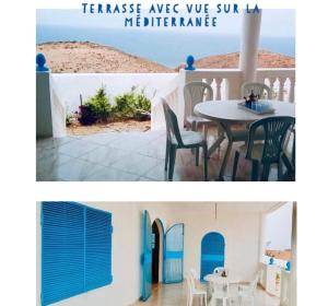 a collage of two pictures of a house with a table and chairs at Villa en el campo sobre el mar in Ras El Ma