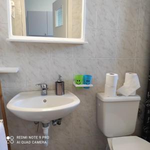a bathroom with a sink and a toilet and a mirror at ARETI APARTMENTS in Petalidi +54 photos