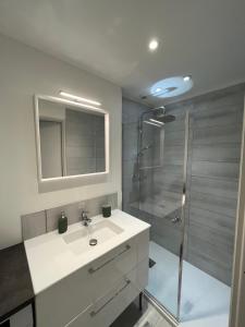 biała łazienka z umywalką i prysznicem w obiekcie Nouveau Superbe grand T2 centre ville w mieście Pertuis
