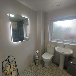 a bathroom with a toilet and a sink and a mirror at Crimea Street Townhouse Belfast in Belfast