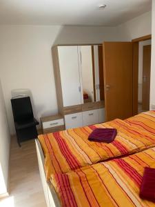 um quarto com uma cama e um espelho grande em Private Wohnung Bunter Hund em Aalen