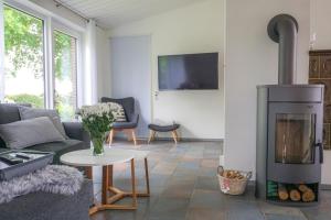 a living room with a couch and a fireplace at Ferienwohnung Nina in Egestorf