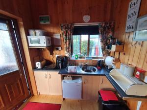 a small kitchen with a sink and a counter at Cosy Countryside Log Cabin in Kilkenny