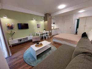 a living room with a bed and a couch and a tv at Iris Guesthouse in Ohrid