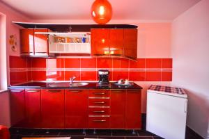 uma cozinha com armários vermelhos e um lavatório em Pensiunea Caro em Deva