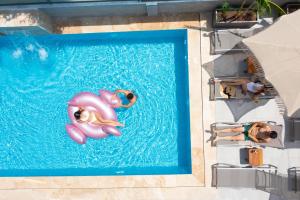 an overhead view of two people and a dog in a swimming pool at Antalya City Hotel & Spa in Antalya