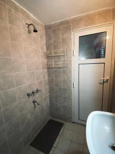 een badkamer met een douche, een toilet en een wastafel bij El Nono in General Alvear