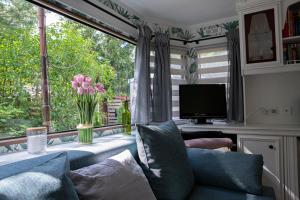 a living room with a couch and a large window at Zakątek Juszki in Juszki