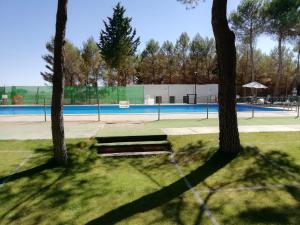 a tennis court with two trees in the foreground at casas rurales la lagunilla in El Bonillo