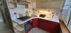a small kitchen with red cabinets and a sink at Komfortowy, klimatyzowany apartament Góry Marzeń in Sanok
