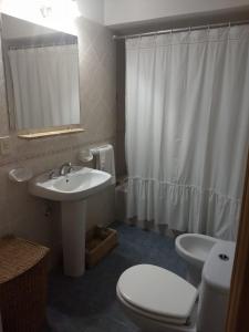 een badkamer met een wastafel, een toilet en een spiegel bij Posada Los Mimbres in Gaiman