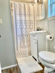 a white bathroom with a toilet and a shower at Nest - Texas Tiny House with a Big View in Spring Branch