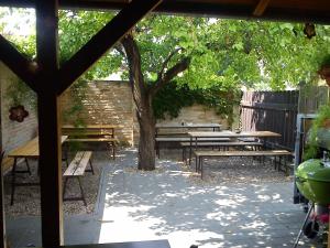 a group of picnic tables and a tree at Penzion Pitnerka in Hustopeče