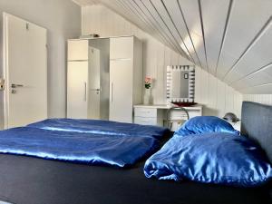 2 almohadas azules en una cama en una habitación en Gästezimmer Beate Rheda Wiedenbrück, en Rheda-Wiedenbrück
