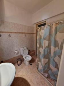 a bathroom with a camo shower curtain and a toilet at Vasiliki's apartment in Sparta