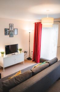 a living room with a couch and a television at Snapos Apartments - Tudor Close in Carbrook