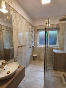 a bathroom with a sink and a shower at Apartament z Ogrodem in Stanisławów Pierwszy