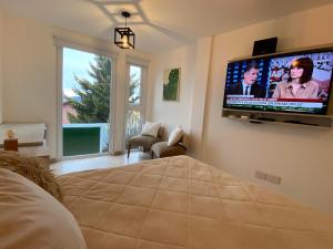 1 dormitorio con TV de pantalla plana grande en la pared en BAHIA INFINITA en Ushuaia